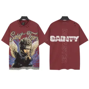 Saint Tears Double Sided Praying Angel Graphic T-Shirt Men Vintage Washed Burgundy Distressed Rivet Hole Oversized Cotton Short Sleeve Tee For 4th Of July Summer Hip Hop Streetwear Outfit