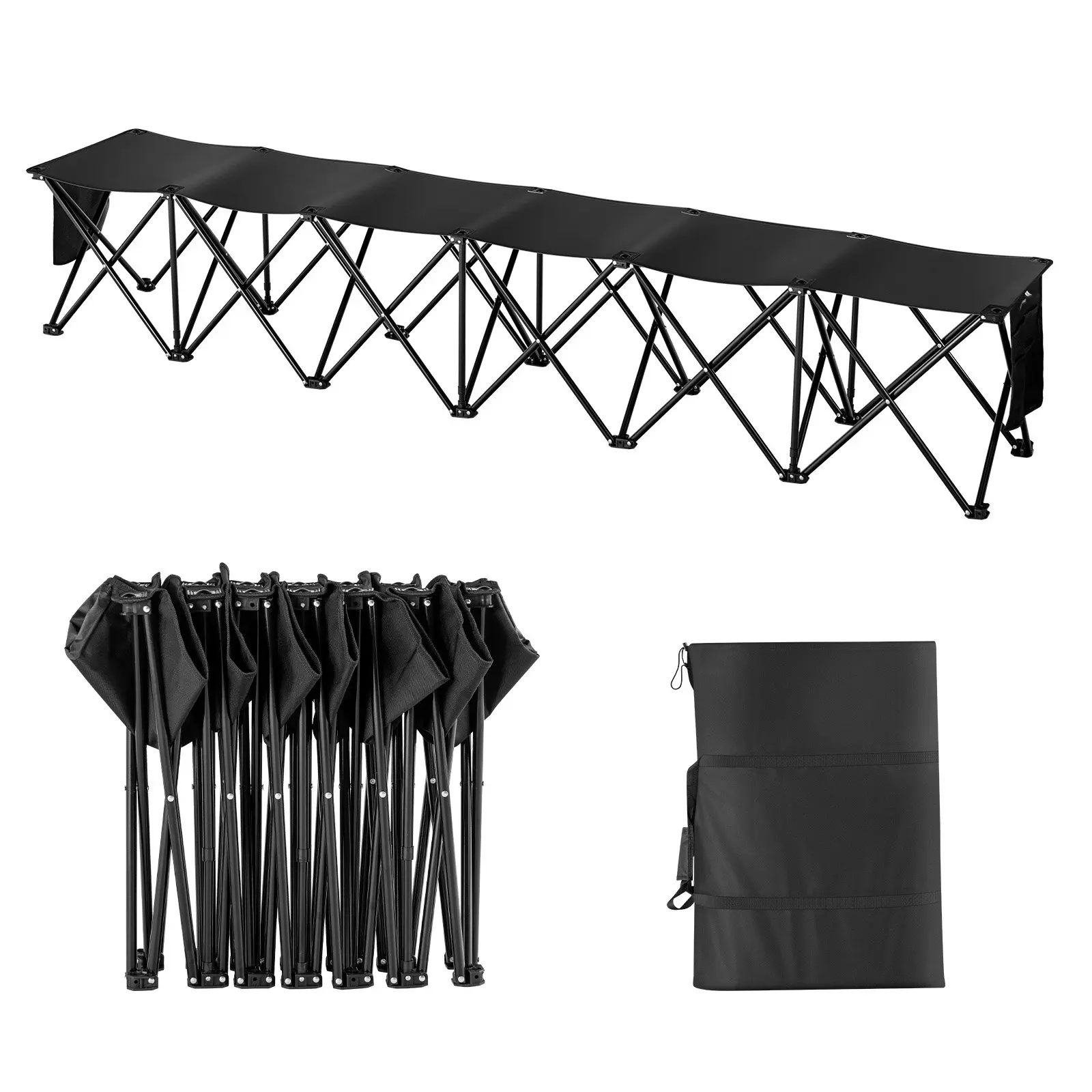 【toolupgrade】VEVOR Portable Folding Bench, 6 Seat Foldable Soccer Bench with Side Pockets and Carrying Bag, Lightweight 600D Oxford Fabric Sideline Seating, for Football, Baseball, Camping, Outdoor Events, Black