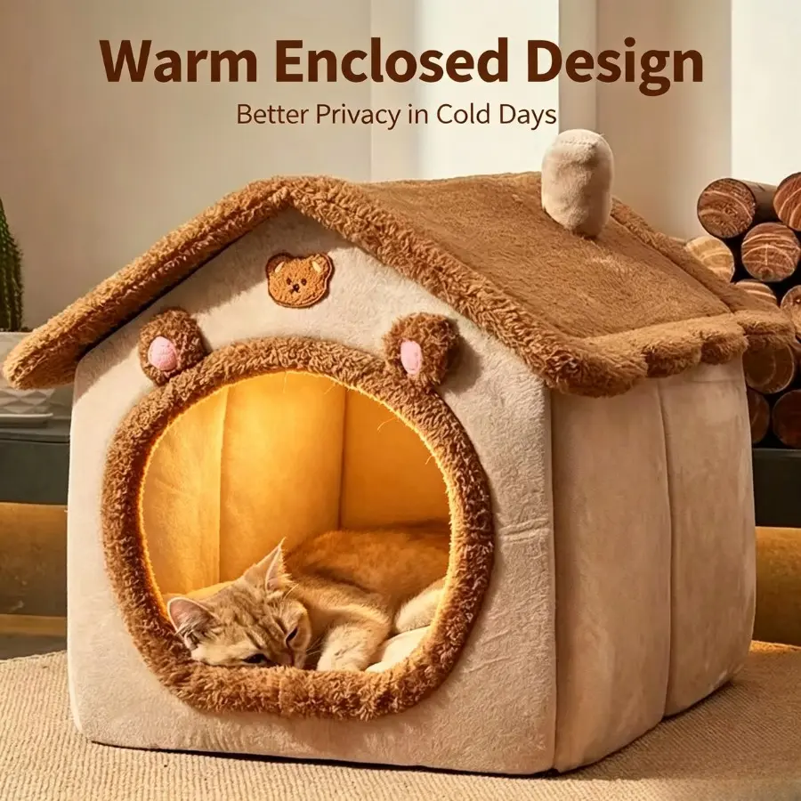 Cat Beds for Indoor Cats, Cute Bear Shape Cat Bed Cave, Washable Pet Bed, Winter Warm All-Season Cozy Cave, Comfortable Healthy Sleep Home for Pets, Cozy Kitten Condo