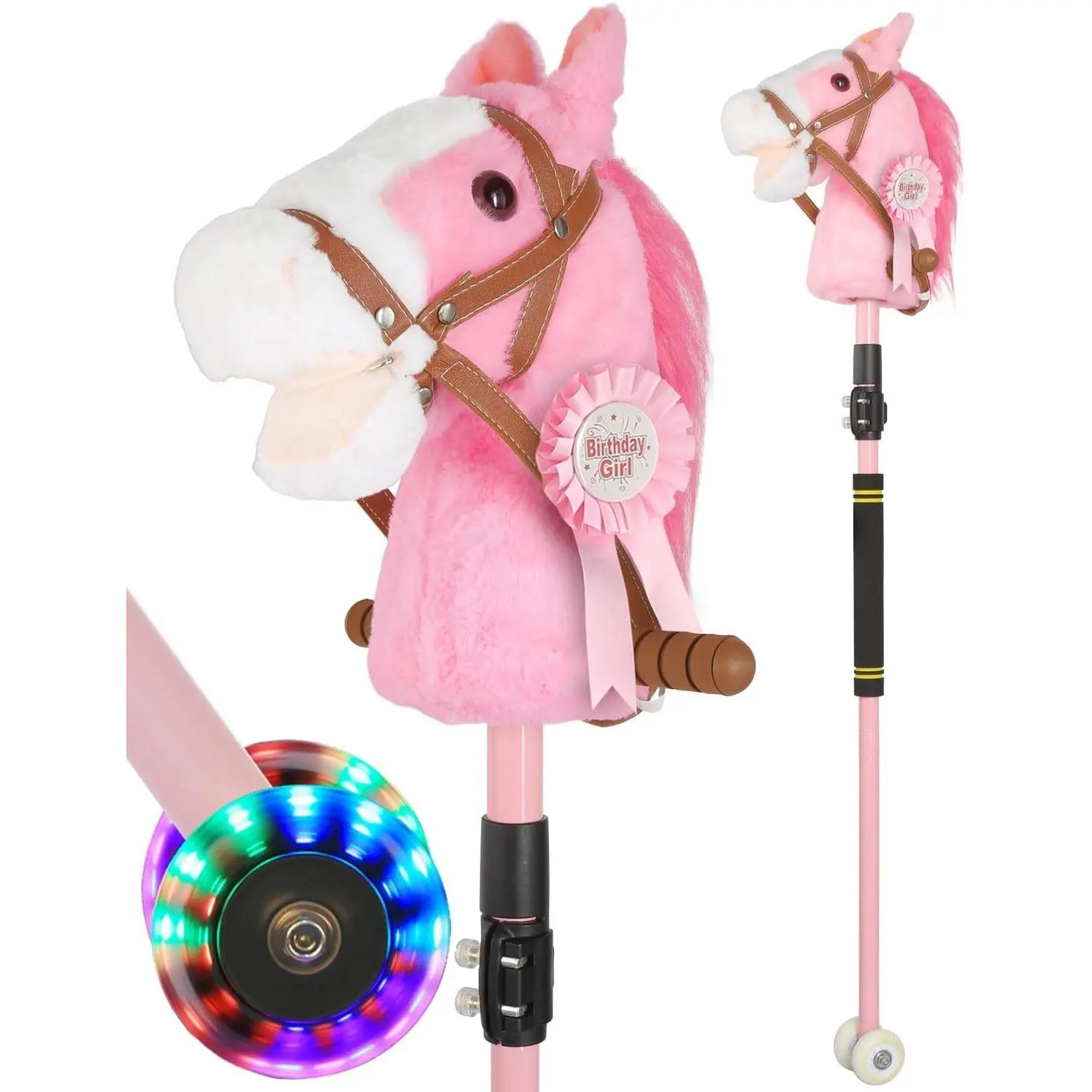 Adjustable Height Pink Plush Hobby Horse Stick Toy for Girls with Flashing Wheels & Realistic Neigh Sounds Birthday Gift Riding Pretend Play Toy Ages 4+