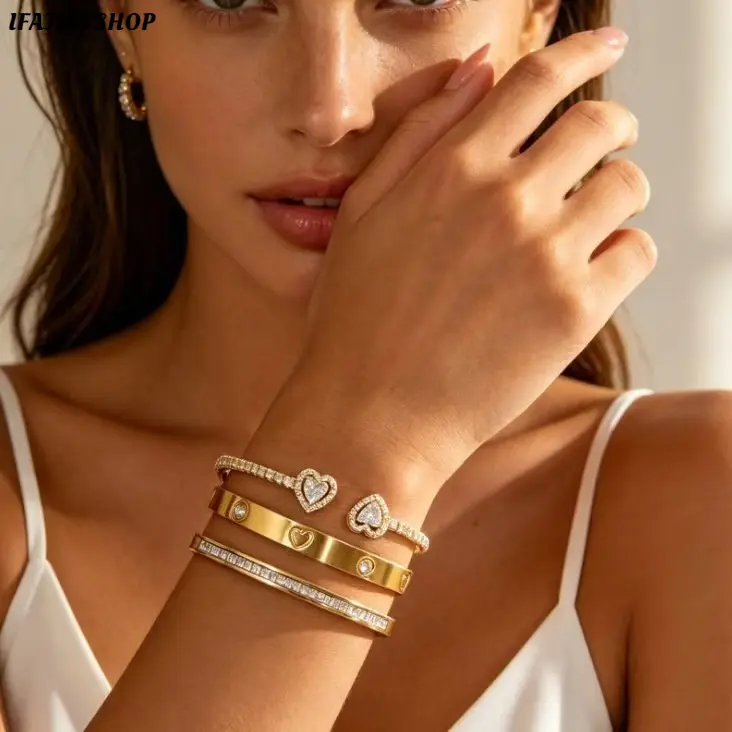 Women’s Trendy Gold Plated Bracelet, Rhinestone Love Gypsy Style Jewelry with 18K Gold Titanium Steel Design, Elegant Statement Chain Bracelet for Boho Fashion, Party Outfit, Date Night & Everyday Wear