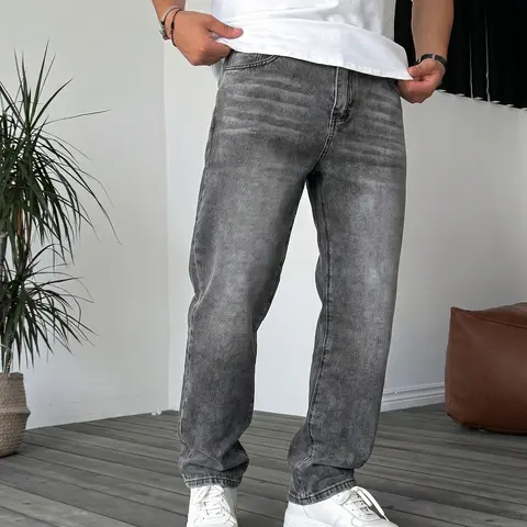 Men's Wide Leg Loose Fit Denim Jeans, Y2K Classic Washed Style Plain Denim Trousers, Unique Wash Finish, All-Season Wear, Comfortable and Stylish