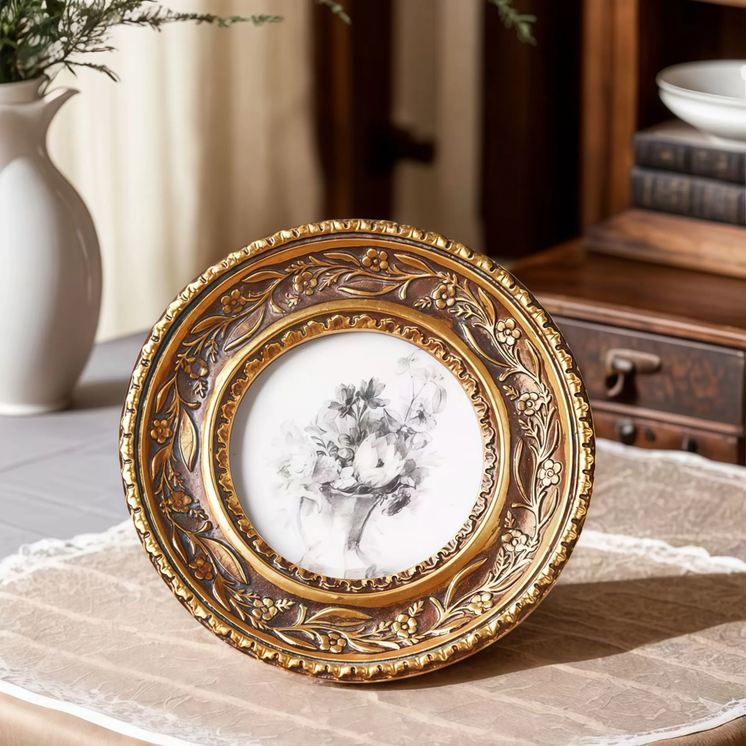 Vintage Flower Pattern Photo Frame, Floral Picture Frame, 1 Count Retro Resin Photo Frame, Durable Sturdy Frame, Picture Frames For Desk, Desktop Decoration, Home Decor Accessory, Imitation Antique Gold Design #GLOBAL PICKS