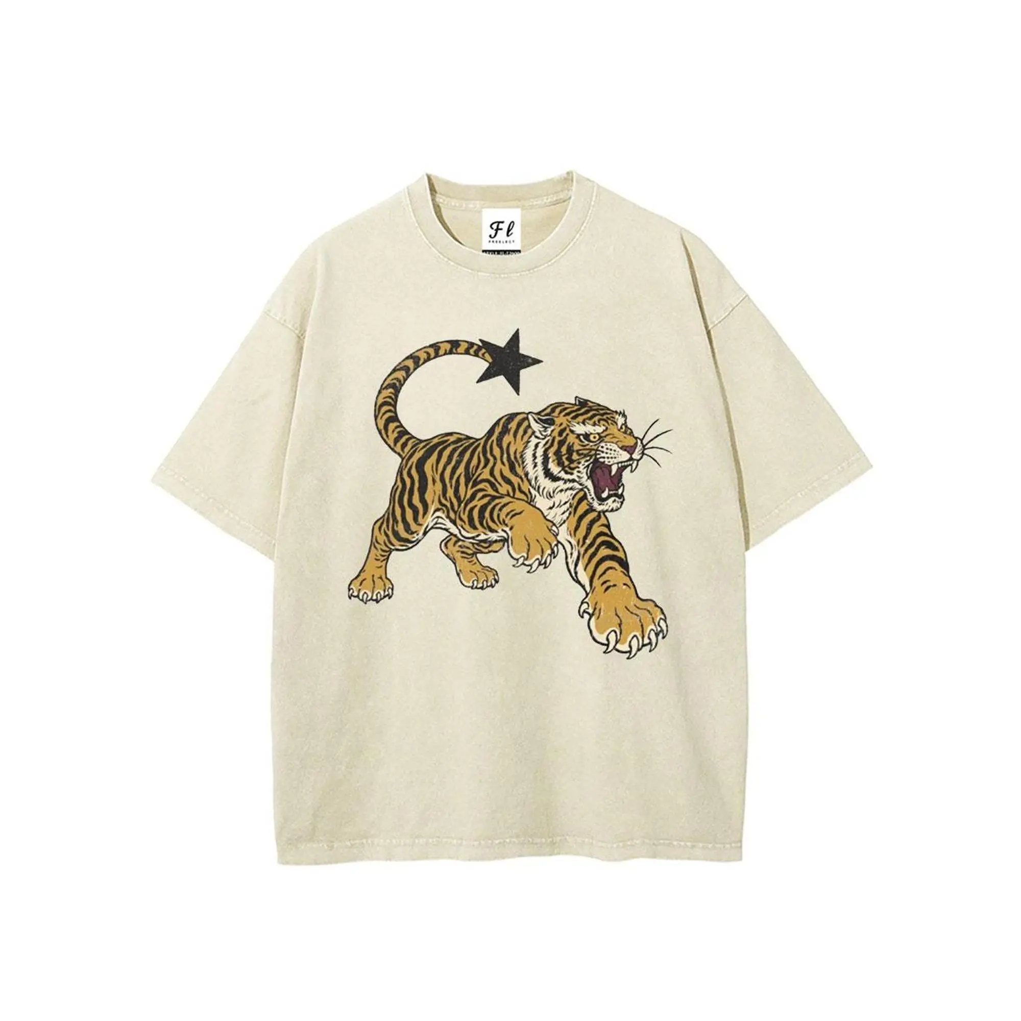 Unisex Vintage Tiger T-Shirt - Retro Tattoo-Style Roaring Big Cat with Star-Tip Tail - Breathable Tee - Grunge Streetwear - Gift for Wild Animal Lovers - Machine Washable America-Inspired Men's Casual Unisex Cut Top