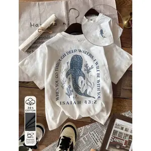 Attitoon Casual Crew Neck Short Sleeve Fitted Women T-Shirt, Suitable  Summer, Beach, Shark Print,Back To School,Vintage,90s,Suitable  Y2k