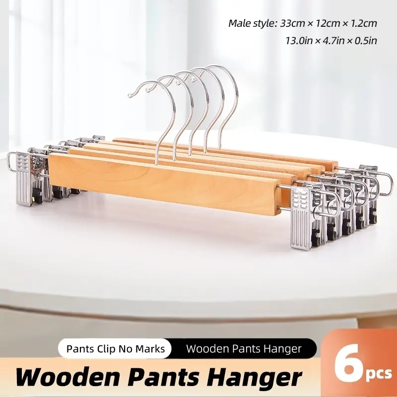 6 Solid Wood Pants Hangers – Natural Wood Style / Anti-slip, Mark-free & Strong Grip / Soft Rubber Clips / Universal (Fits Pants & Skirts)