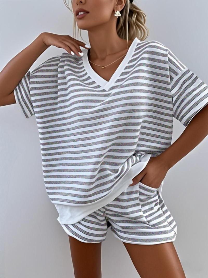 Women's Striped Print V Neck Tee & Shorts Loungewear Set, Casual Comfy Short Sleeve T-shirt & Shorts Set, Ladies Sleepwear for Summer Pajama Set