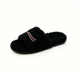 Cozy Curly Faux Fur Slide Slippers | Classic Embroidered Letter & Contrast Stripe Detail, Flat Cushioned Loungewear Footwear for Daily Indoor Wear