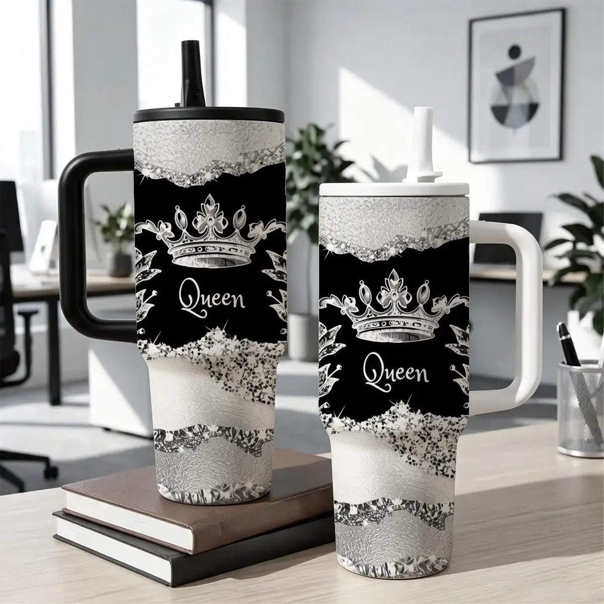 40oz Queen Tumbler with Handle & Straw, Black Silver Glitter Crown Queen Theme Design, Vacuum Insulated Stainless Steel Travel Mug for Women, Leak-Proof Cup Holder-Fit Flask for Daily Use, Office