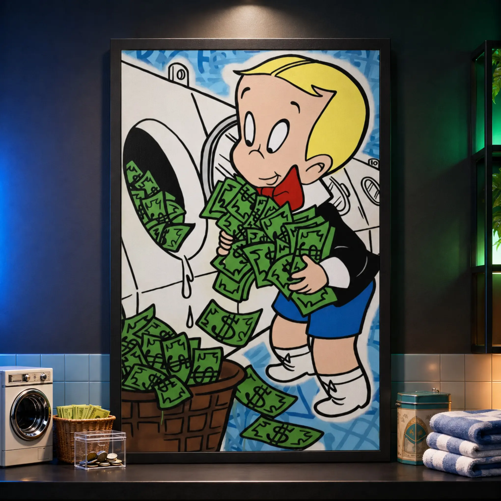 Richie Rich Money Laundry Canvas Wall Art, Funny Cash Cartoon Poster, Colorful Street Art Decor for Bedroom, Game Room, Dorm and Man Cave, Framed or Unframed