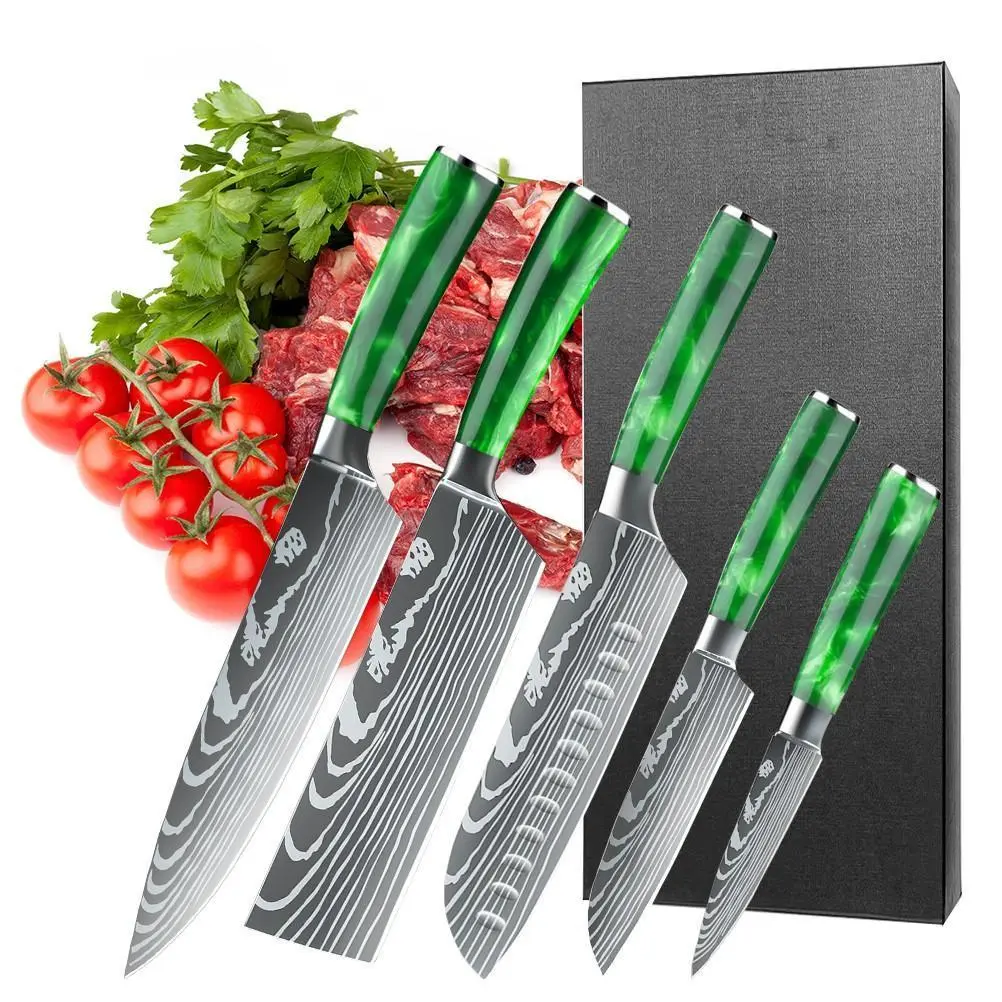 5PCS Kitchen Knife Set, High Carbon Stainless Steel Chef Knife Set with Damascus Pattern, Ultra Sharp Professional Knives Set with Ergonomic Resin Handle & Gift Box#DealsForYouDays