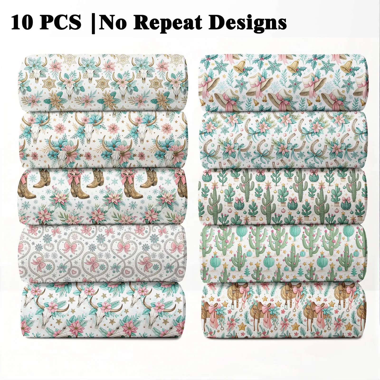10PCS Pink Western Christmas Print Fabric, 23x55cm (9x22in) Soft Western Holiday Pattern Quilting Home Decor DIY