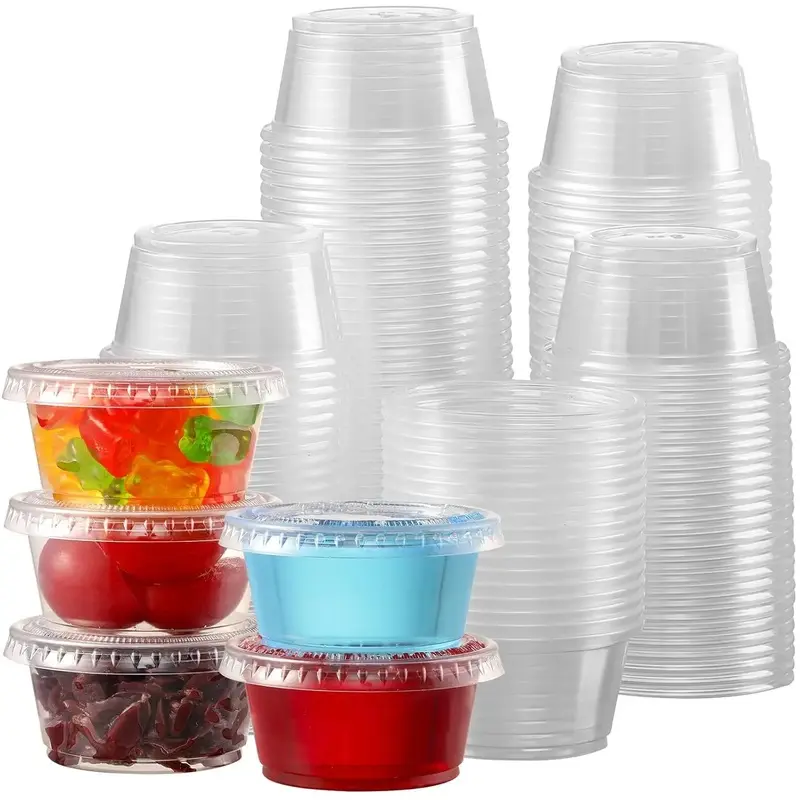 2oz Small Disposable Plastic Containers with Airtight Lids, 130 Sets Stackable Portion Cups for Condiments, Salad Dressing (Home & Festive Party Disposable Tableware), Small Containers