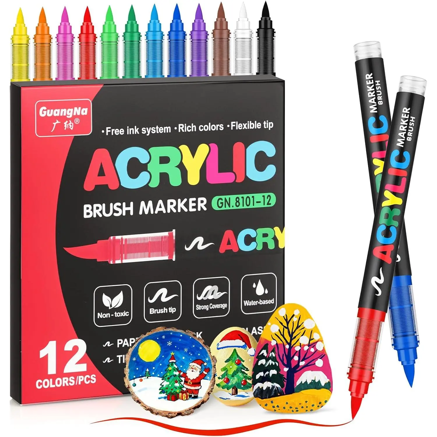12-Color Brush Tip Markers Set Pack, Long-Lasting Ink Creative Art Drawing Tool for Rock Painting, Paper Crafts, Office & School Stationery Writing Supplies