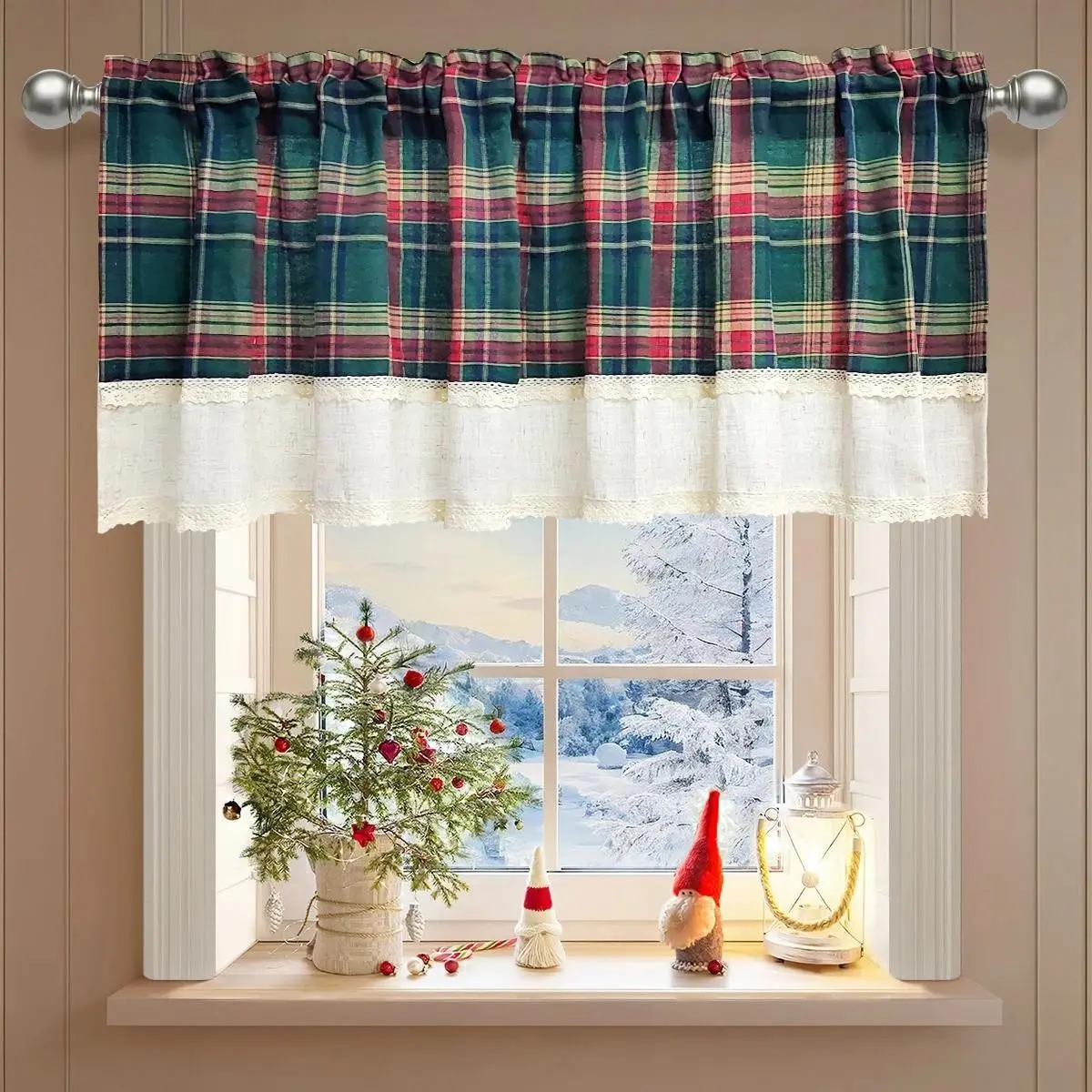 1 Panel Red Green Plaid Lace Short Curtain for Small Window Kitchen Christmas Home Decor Hotel Cafe Holiday Decoration Seasonal Drapes