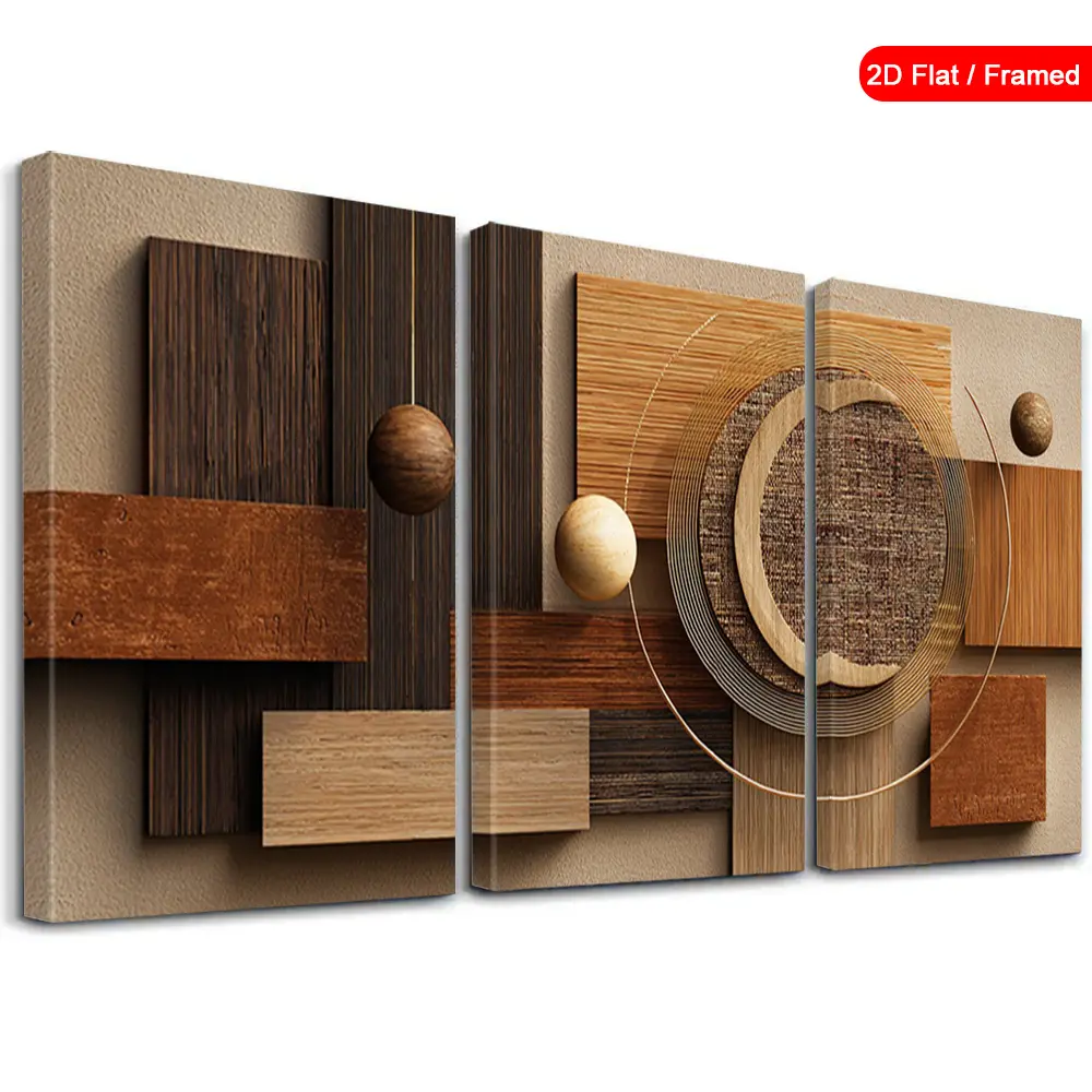 2D flat decorative painting, 3-piece framed textured wooden panel wall decor, circular decorative canvas poster, geometric wall art print, warm earth tones wall art, modern wall decoration, vintage poster, home decor, suitable for bedroom