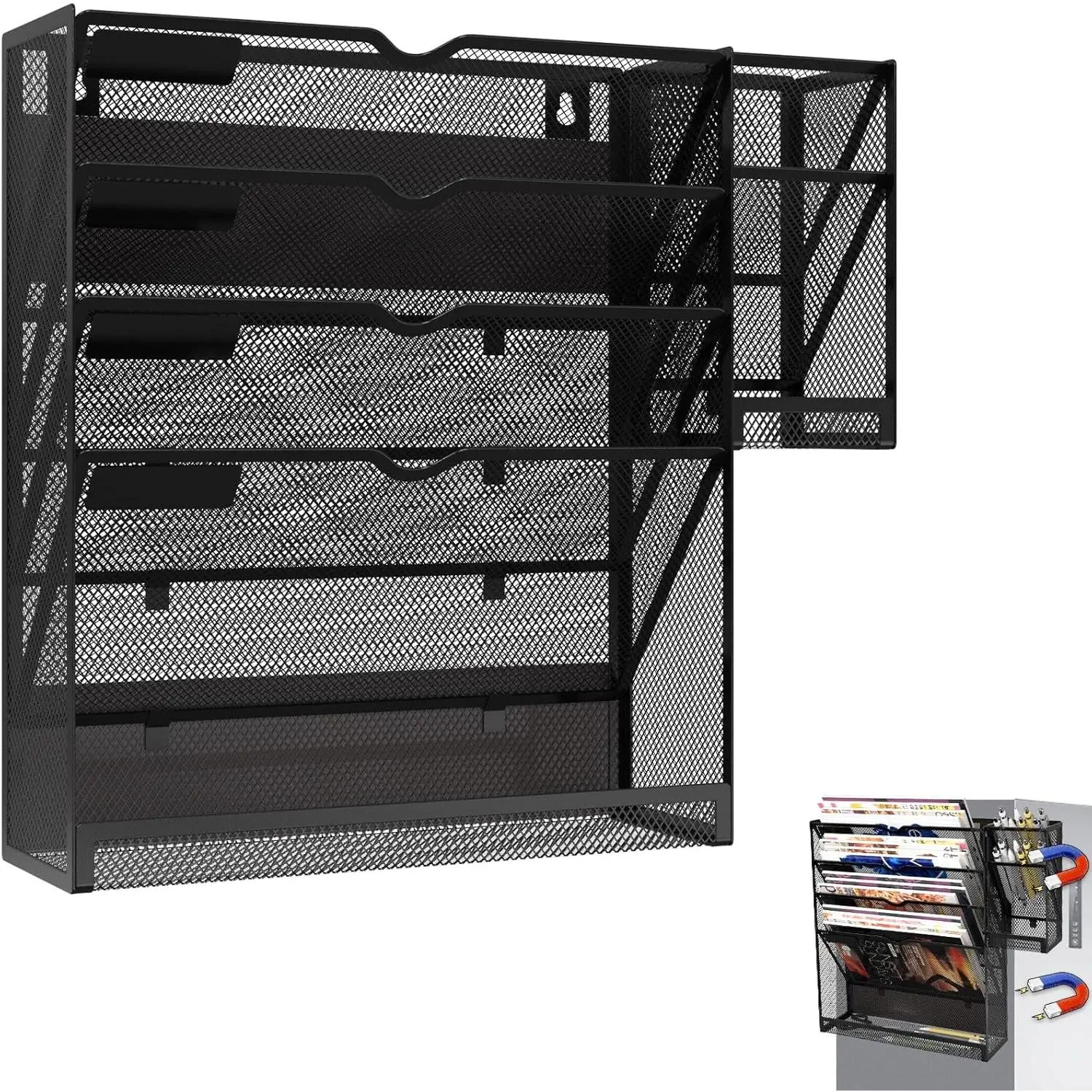Magnetic File Holder, Magnetic File Organizer Wall Mount, 5 Tier Hanging Mail Organizer Folder Holder, Mesh Desk Accessories and Organizers, Paper Document Magazine Rack with 3 Pen Holder
