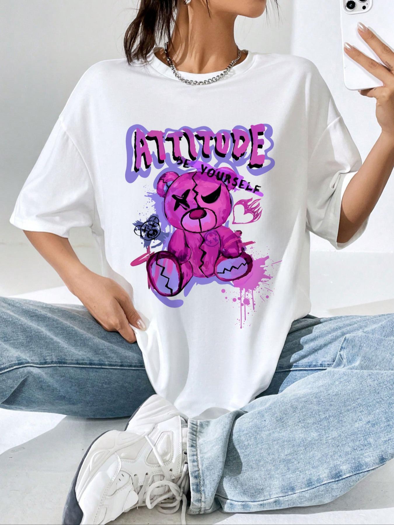Cartoon Graphic Print Drop Shoulder Tee, Summer Casual Funny Letter Print Crew Neck T-shirt for Daily Holiday Vacation Outdoor Wear, Women Tops for Summer