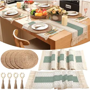 Set of 4 Sage Green Boho Table Runner and Placemats, Round Woven Place Mats, Farmhouse Macrame Long Table Runner, Rustic Wood Bead Napkin Rings for Wedding Kitchen Dining Tables Decor,Disposable