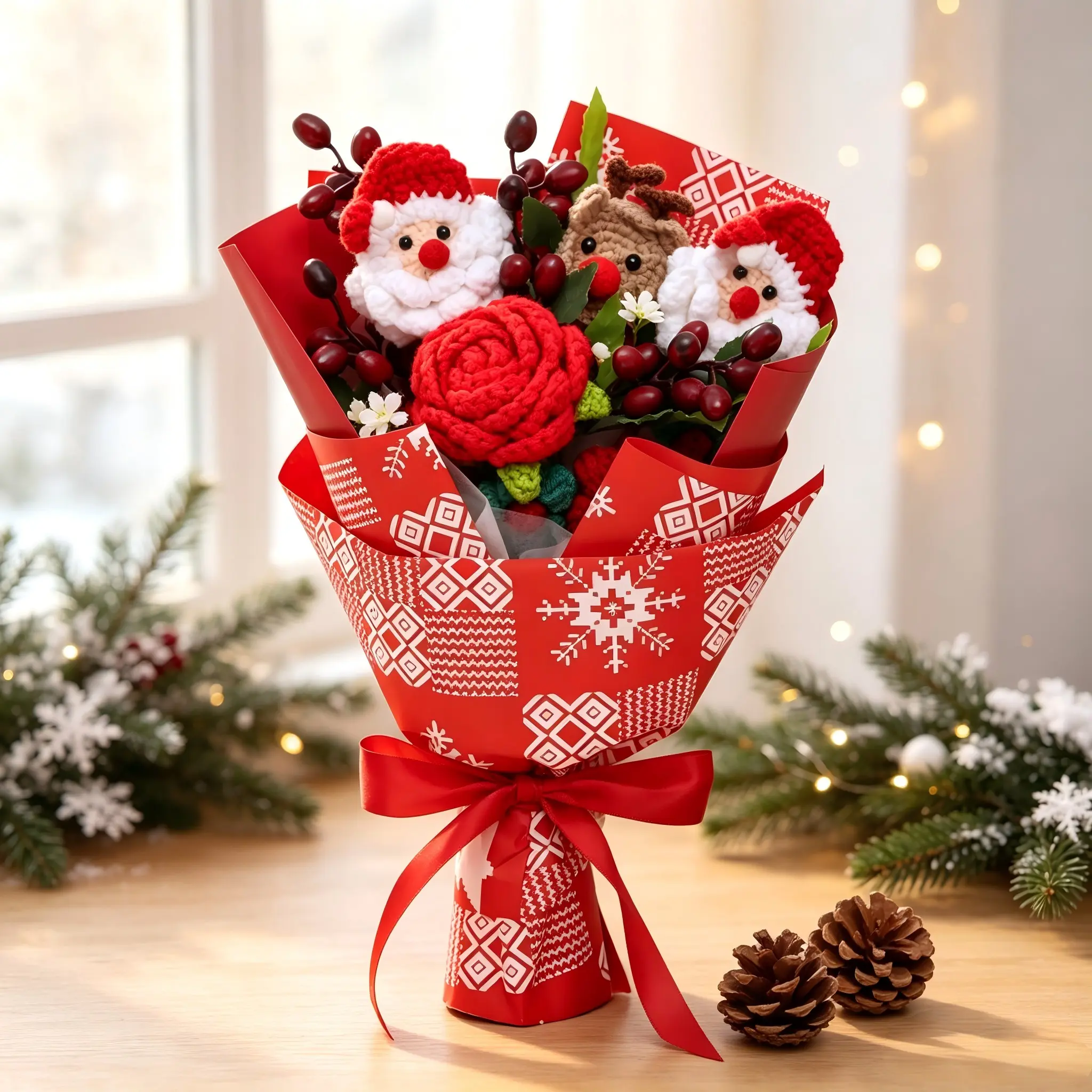 Handmade Christmas Bouquet, Santa Claus and Reindeer Crochet Dolls, Rose Yarn Flowers, Holiday Gift for Girlfriend, Home Decor