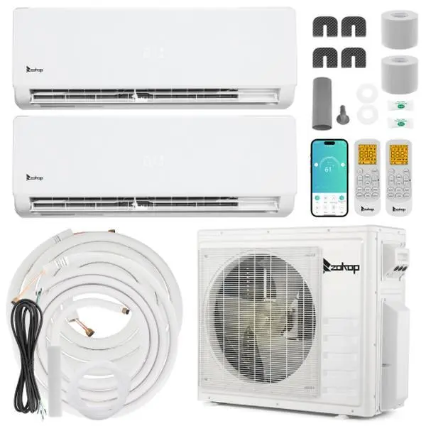 Winado Dual Zone Ductless Mini Split Air Conditioner Heat Pump System, 21 SEER2 Ductless AC with 2 Indoor Air Handlers, 1 Outdoor Condenser, 25ft Installation Kit