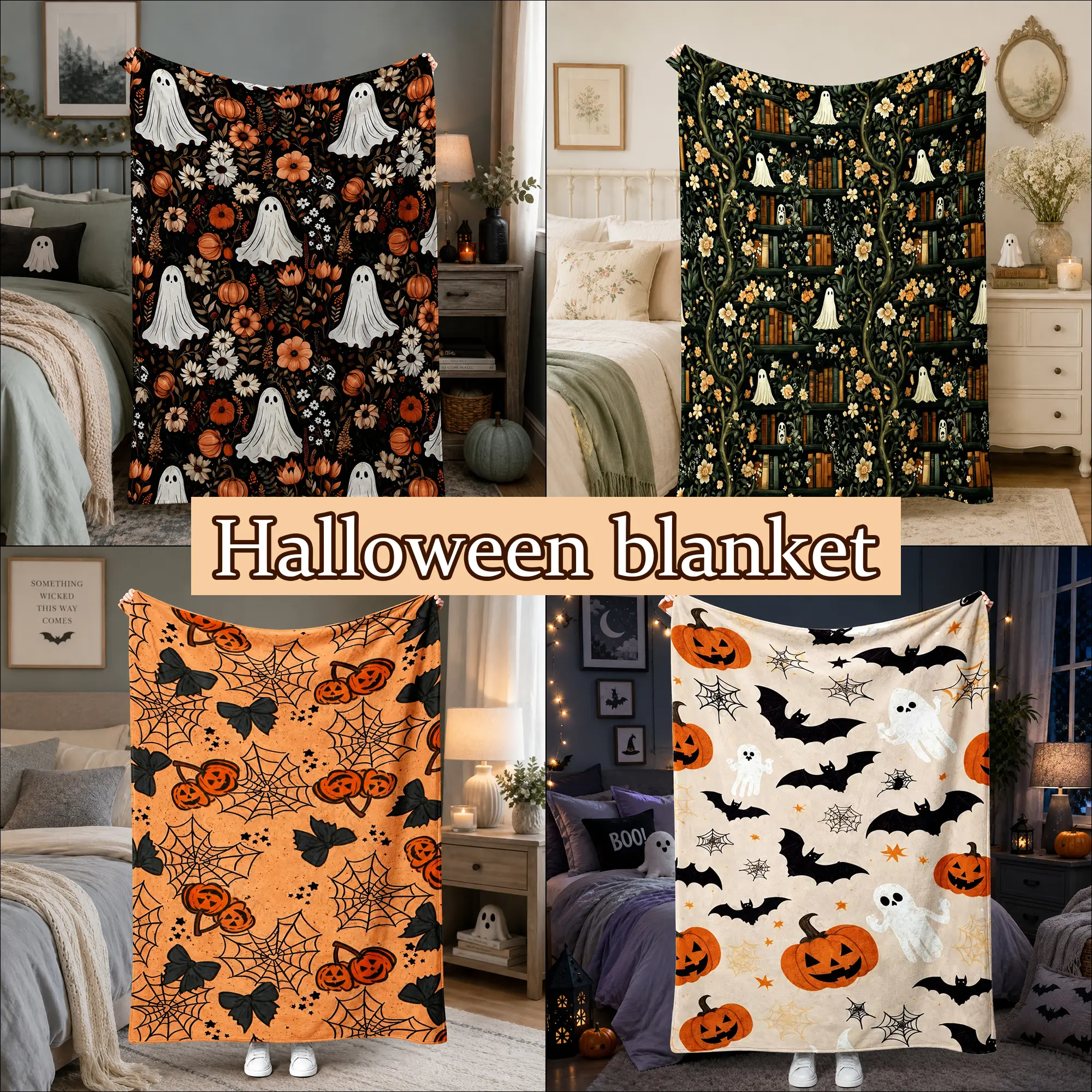 Halloween Flannel Blanket with Ghost Pumpkin Bat Pattern, Soft Cozy Throw Blanket for Couch Bed Bedroom Decor, Spooky Season Home Decoration Blanket Gift for Halloween Lovers