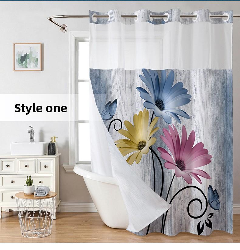 3D Digital Printing Blue Daisy Double Layer Shower Curtain Polyester Waterproof and Mildew Proof Bathroom Partition Curtain
