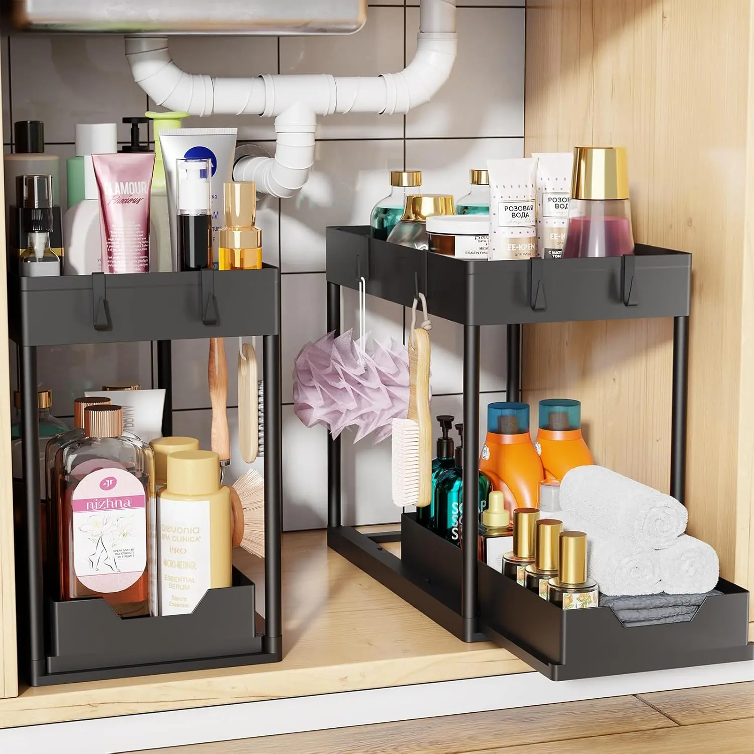 Under Sink Pull-Out Sliding Organizer - Metal Frame Modern Double Tier Storage Cabinet, 1/2 Packs Optional, Black/White for Kitchen Bathroom with Pull-Out Tray