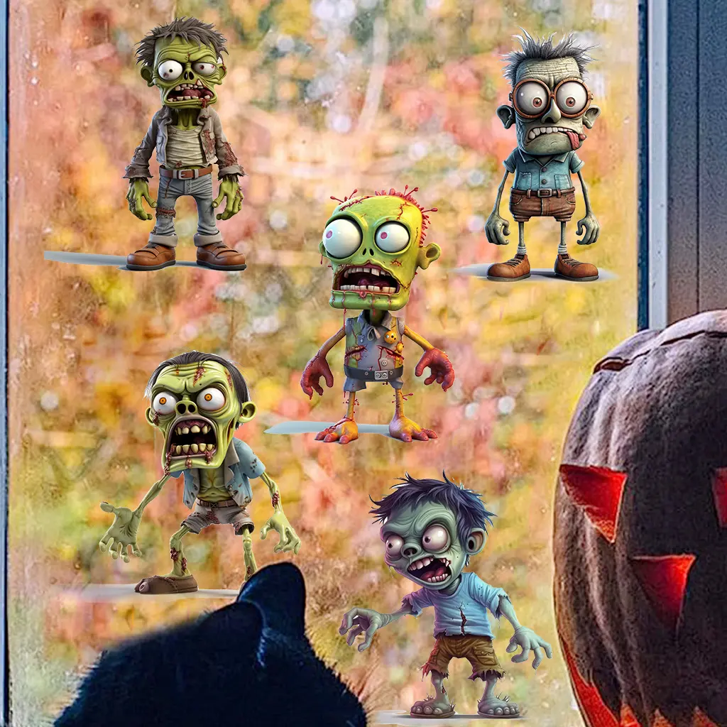 1Set Halloween Cartoon Zombie Wall Stickers Waterproof Removable Self Adhesive Decals For Light Switch Window Door Home Indoor Outdoor Decor Spooky Halloween Party Horror Scene Layout Festival Decor Supplies
