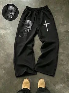 Men's Side Jesus Thorn Portrait + Nail Cross Print Drawstring Wide Leg Sweatpants, Flowy Straight Leg Long Pants, American Faith Streetwear