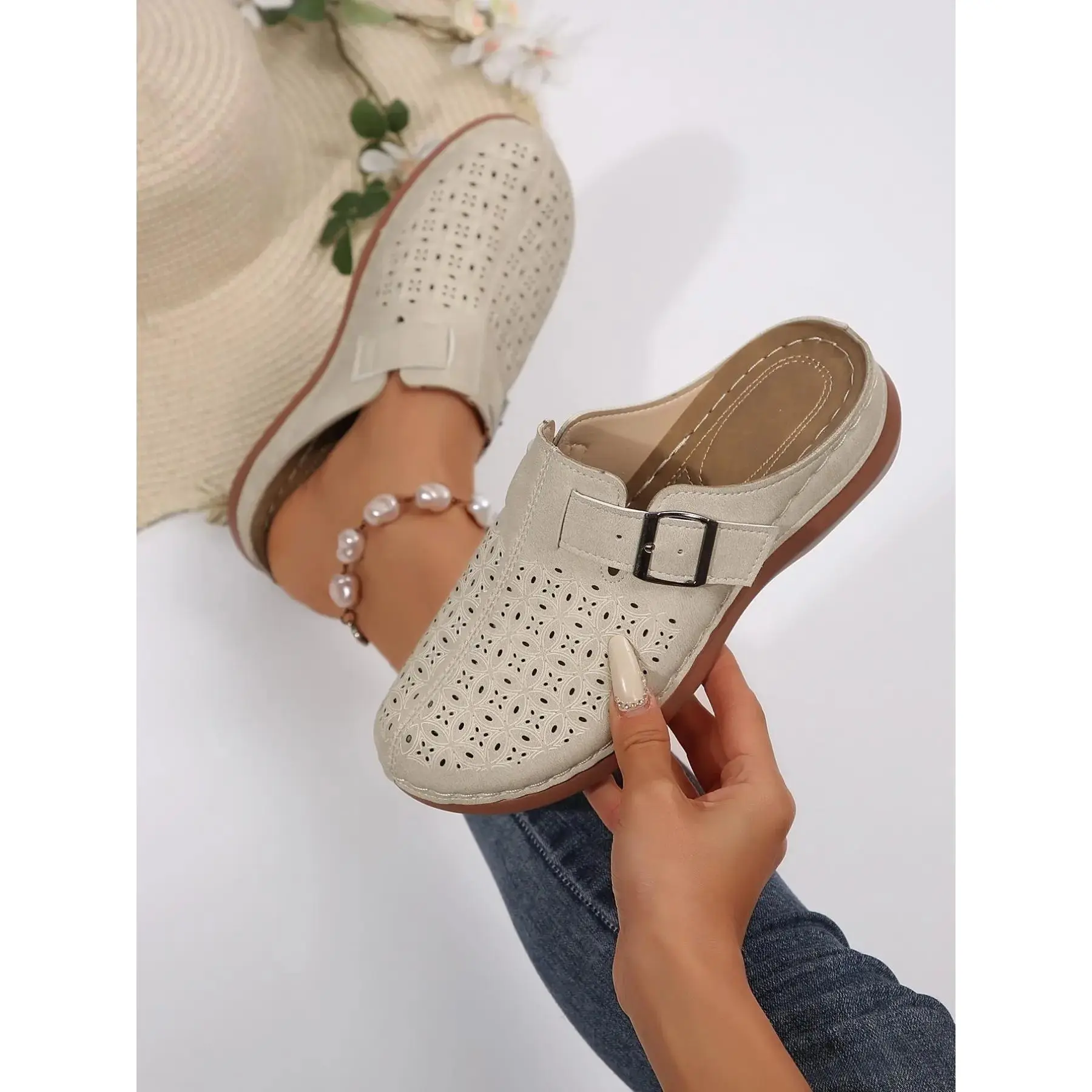 YYW1 Women's Black Laser Cutout Strap Mule Shoes, Toe-On Flats, Breathable Casual Footwear, Streetwear Mules