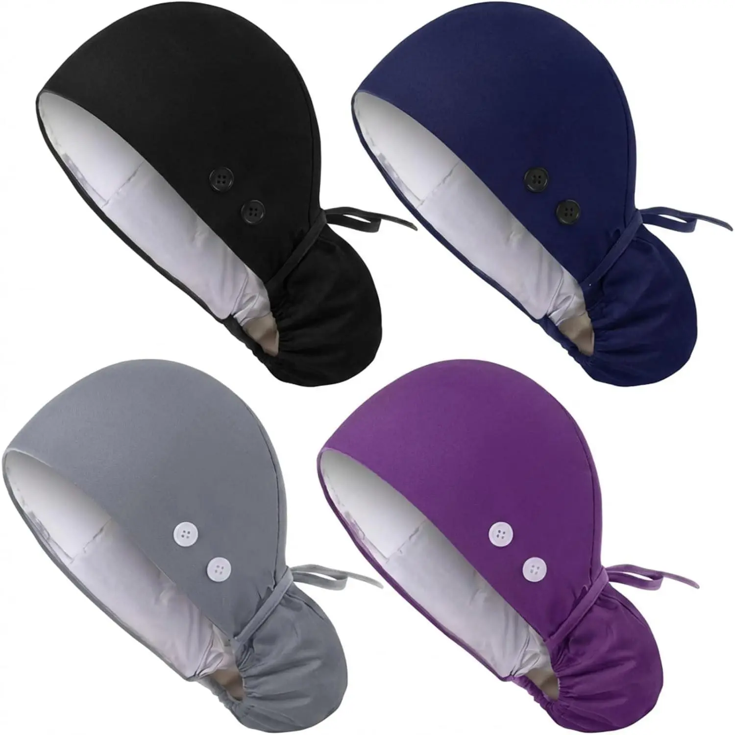 Women's 4-Pcs Satin-Lined Buttoned Cap Set, Adjustable Hat with Sweatband & Tie Back Band, Surgical Scrub Hats for Nurses