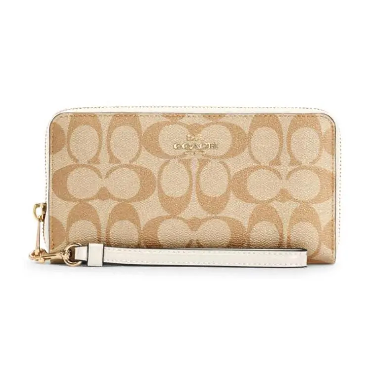 COACH Zip-Around 19 Long Wallet for Women – Coated Canvas and Leather, Classic Monogram in White and Khaki