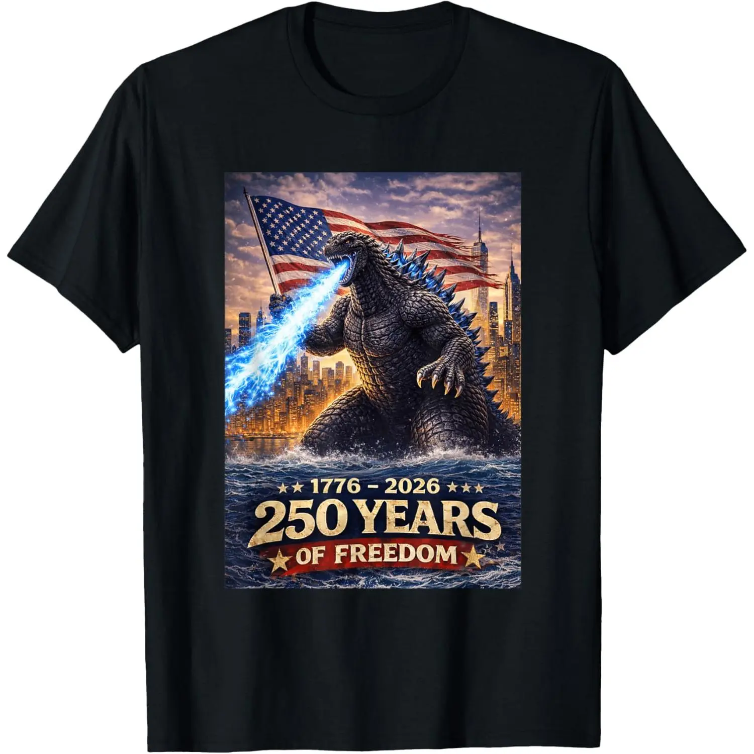 Men's Patriotic Godzilla Graphic T-Shirt, Soft Cotton Oversized Short Sleeve Crewneck for Big & Tall, 4th of July 250th Anniversary, Tshirt, Shortsleeve, Breathable, Casual, Gradient, Print, Streetwear, Flag, Round Neck, Casual Fit, Fabric, Ocean, Vintage