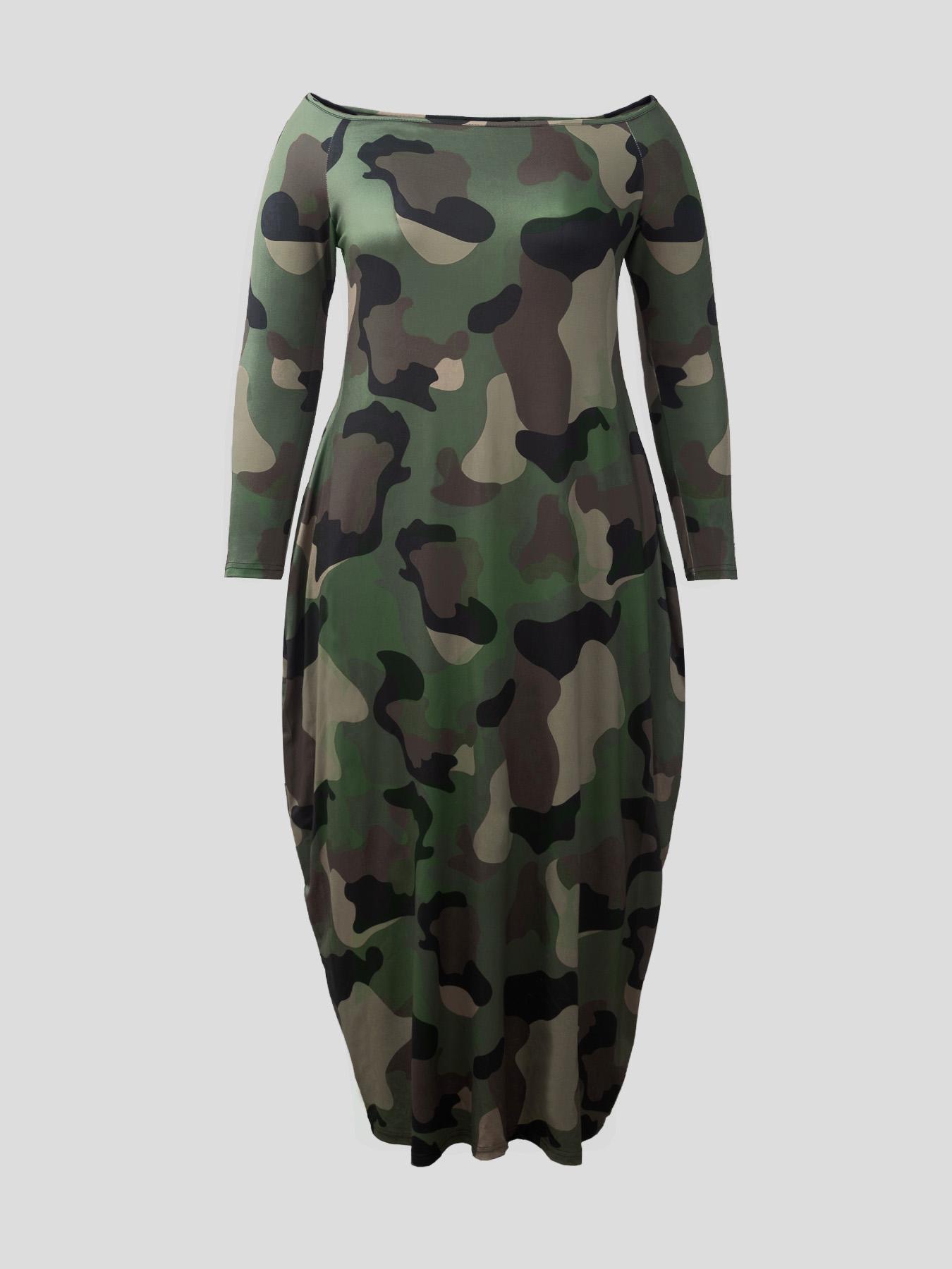 【Plus Size】 Casual Boho Elegant All Over Print Pocket Off Shoulder Dress Long Sleeve Long Dress for Spring & Fall, Women's Clothes for Daily Wear