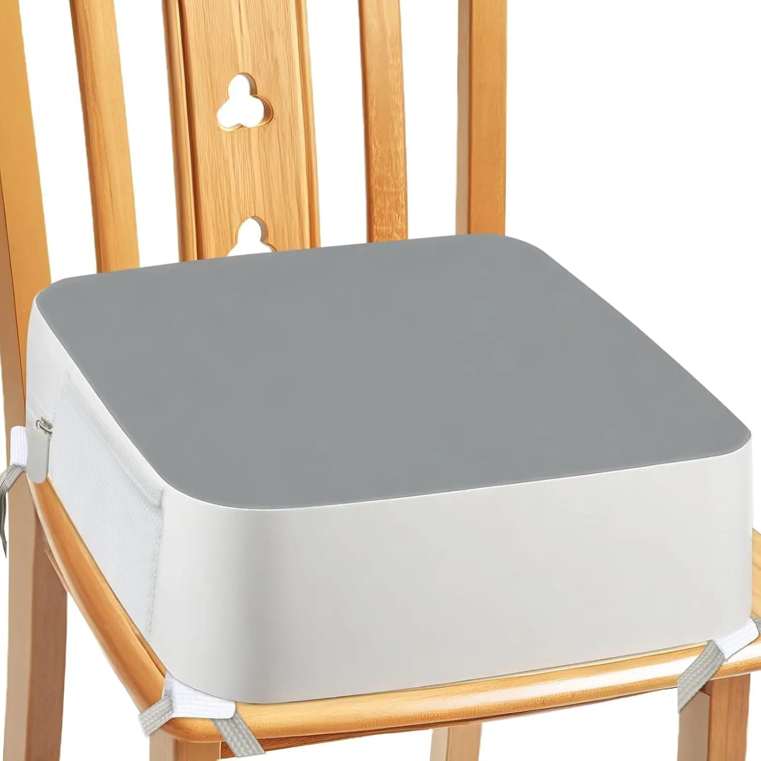 Booster Seat for Kitchen Chair & Dining Table, 3.8” Toddler Cushion with 4-Point Anchor Straps, Non-Slip Washable PU Cover, Side Pockets, Portable for Meals, Travel, Daycare