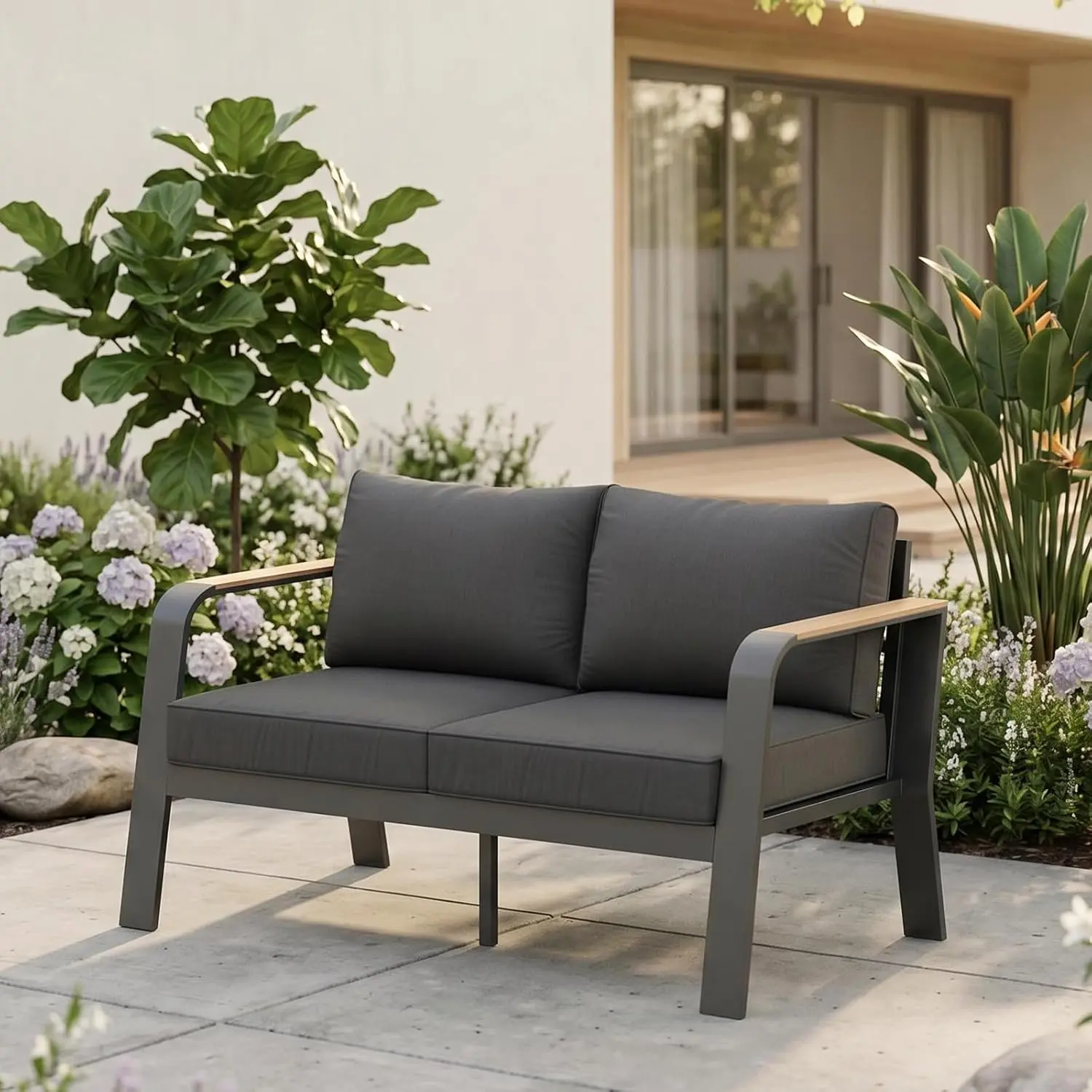 2-Seater Metal Patio Couch – Waterproof & Rustproof – Comfortable Cushions – Perfect for Balcony, Deck, Backyard – Dark Gray