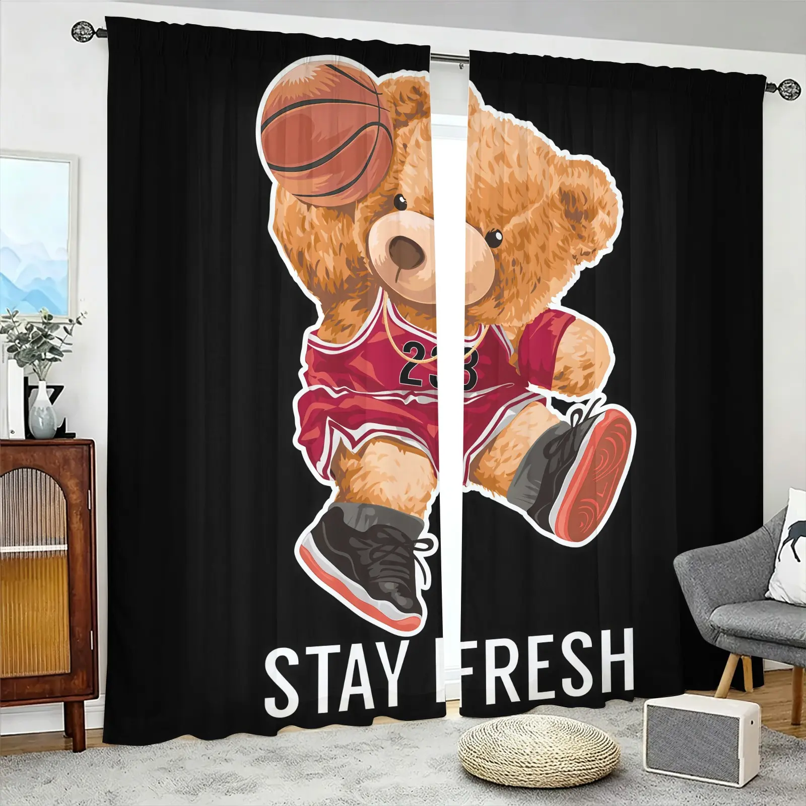 Bear Pattern Brushed Fabric Semi-Blackout Curtains, 2-Piece Pack, Suitable For Living Room, Balcony And Bedroom, Perfect Home Season Holiday Room Decoration