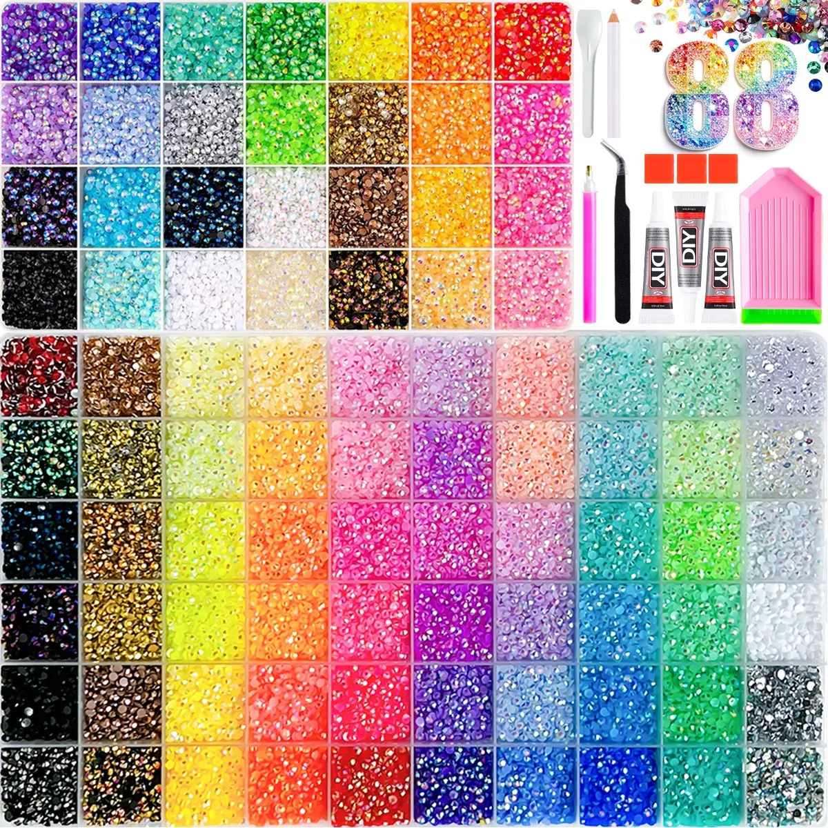 1Set RAINBOW 88-Colors 3mm Semi-Circular Crystal Gems Nail Diamond Art Jewelry Dopamine Colored Mini Flatback Colorful Shiny Resin Nail Rhinestones Bedazzled Kit DIY Camera Cup Shoes Nails Crafts Manicure Nail Art