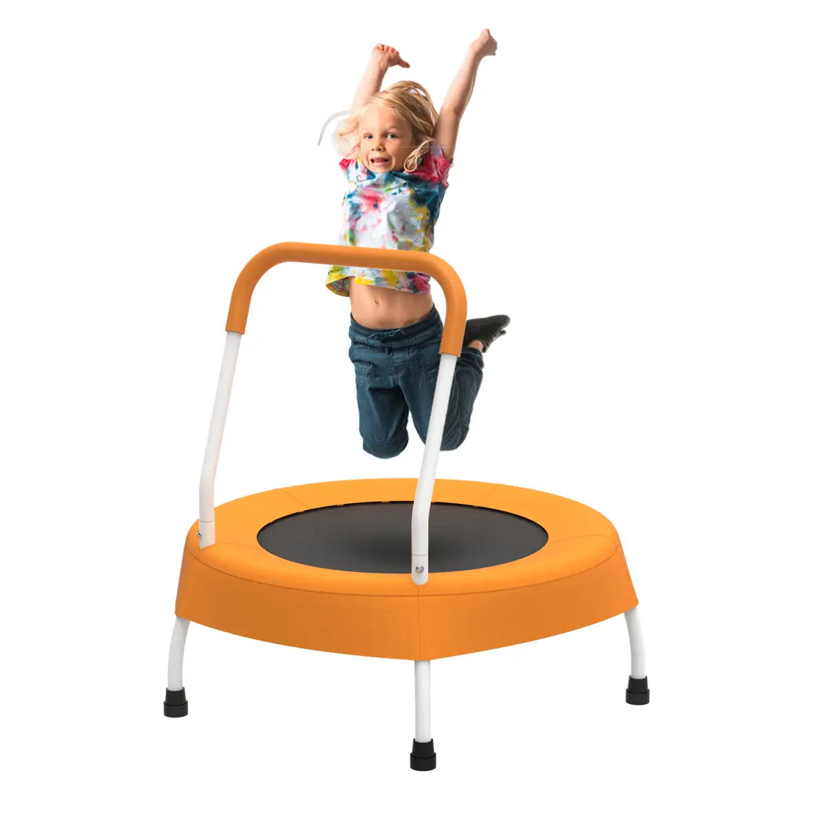 Toddler Trampoline 28-Inch with Safety Handle, Orange Spring-Free Bungee Jumper with Steel Frame for Indoor & Outdoor Children Development, Babies, Sports, 27.5*27.5*30 Inch, 28'' Diameter, 55 Lbs, 1-4 Yrs, Easy To Assemble, Unisex, Jumping, 1-4 Years, 30