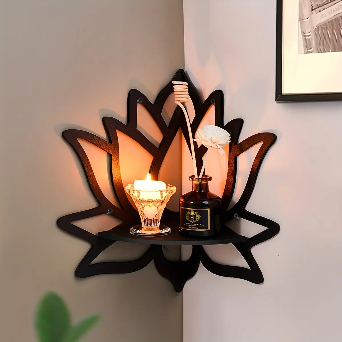 Zen Lotus Corner Shelf, Wooden Lattice Candle Holder, Creative Wall-Mounted Rack, Space-Saving Design, Ideal for Home Decor & Meditation Corner Lighting, Wall Decoration