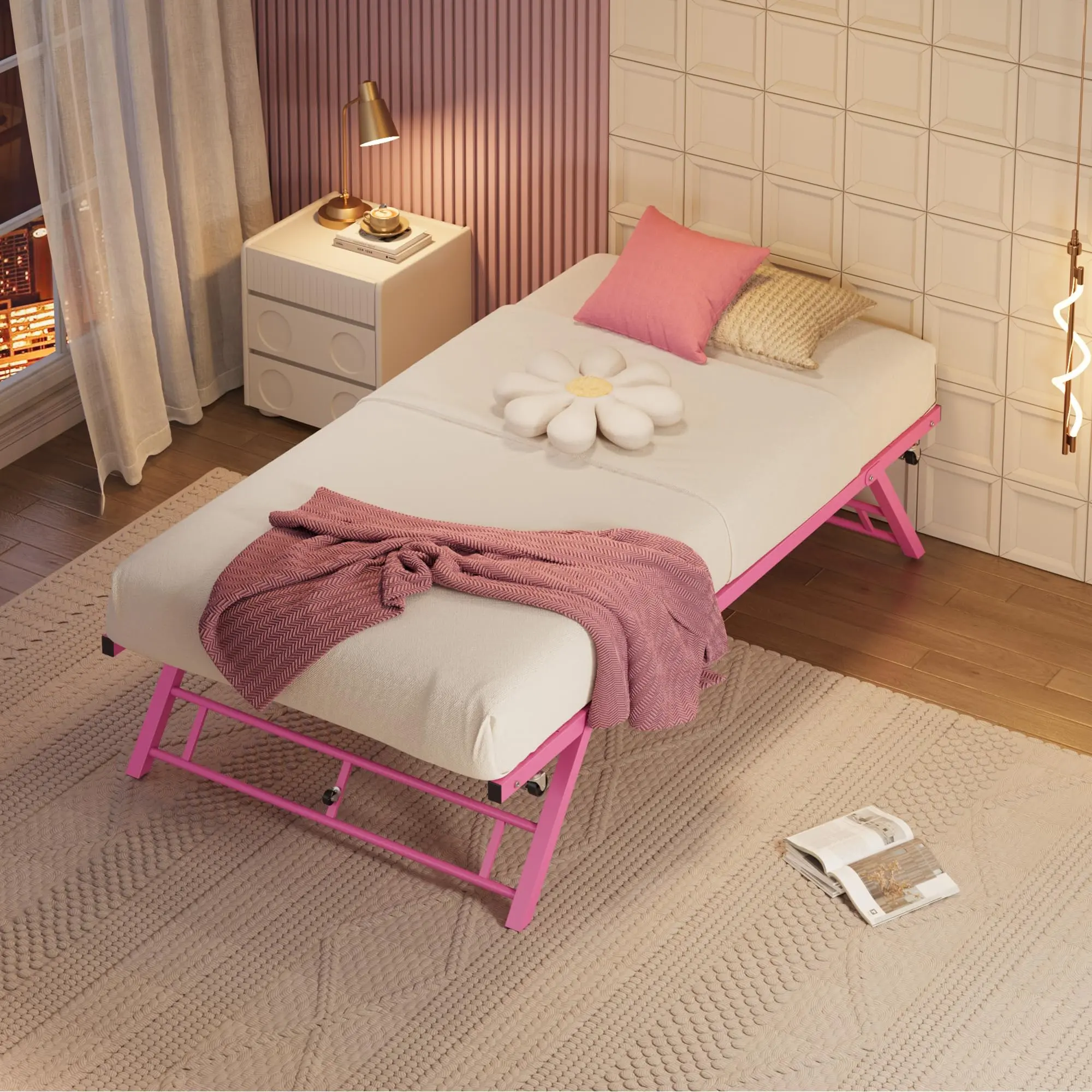 Twin Pop Up Trundle Bed Frame, Foldable Metal Daybed with Lockable Casters, Space Saving Platform Guest Bed for Sleepovers, Living Room and Guest Room, Pink