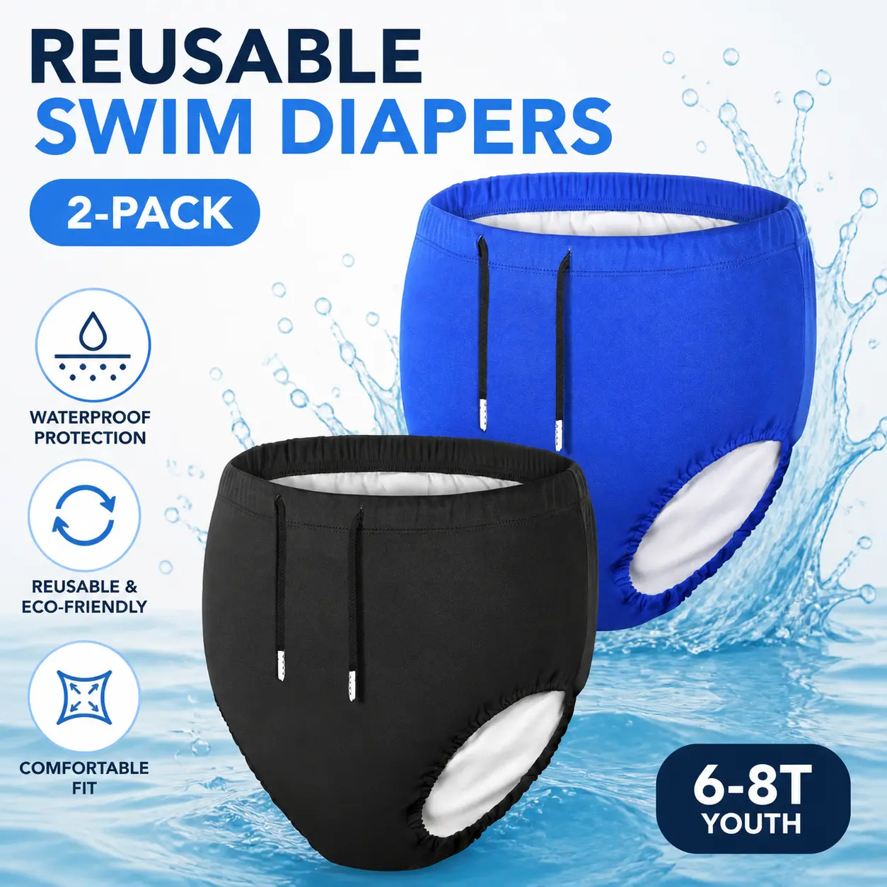 Reusable Cloth Swim Diapers for Youth with Special Needs, Waterproof Incontinence Briefs, 2-Pack, Solid Black & Blue, 6-8T, Glitopper