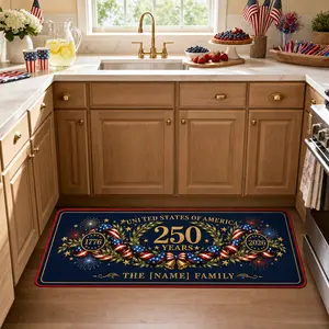 Personalized 250 Years of America Patriotic Runner Rug 60x24 Inch, Custom Family Name Doormat with Flag Ribbon, Gold Laurel Wreath, Fireworks & Liberty Bell Design