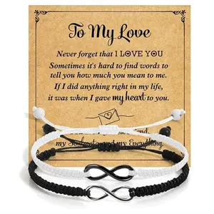 2 Set Stainless Steel 8 Infinity Couple Bracelet Braided Leather Rope Bangle Wrist Adjustable Chain Fit 7-9 Inch for Lover Friendship