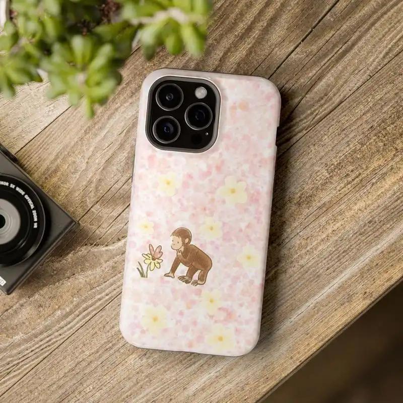Cute Curious George Phone Case - Aesthetic Floral & Nostalgic Design Suitable for IPhone| Cover Suitable for IPhone17 16 15 14 13 12 SE Max Pro Samsung Galaxy, Gift for Her Durable Protection