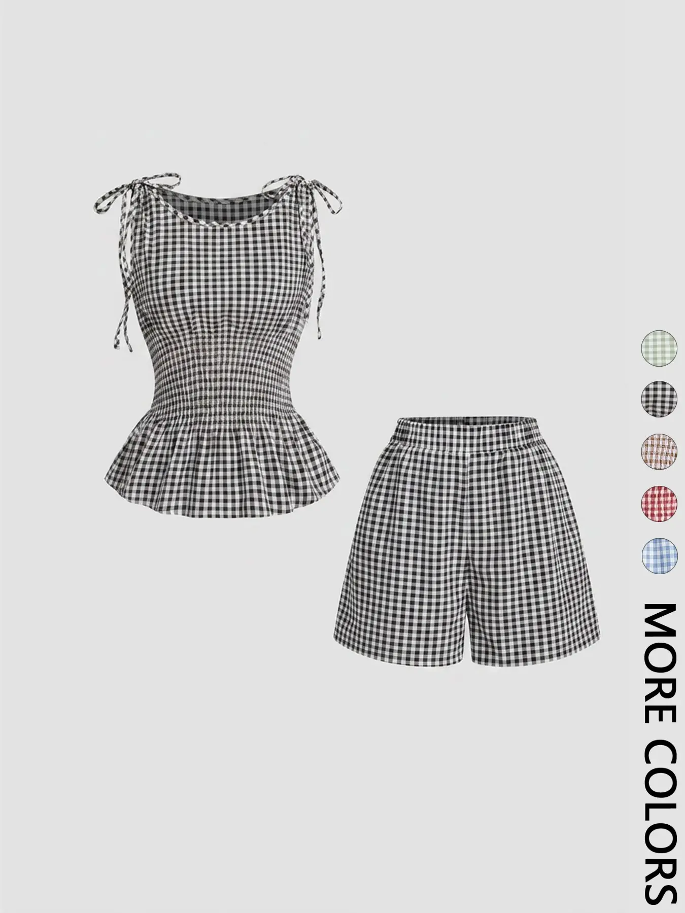 Women's Gingham Check Textured Woven Tank Top & Shorts Set, Adjustable Tie Shoulder Straps, Smocked Waist, Peplum Hem, Elastic Waistband, Breathable Lightweight Fabric, Daily Casual Vacation Home Leisure Women's Wear  2 Piece