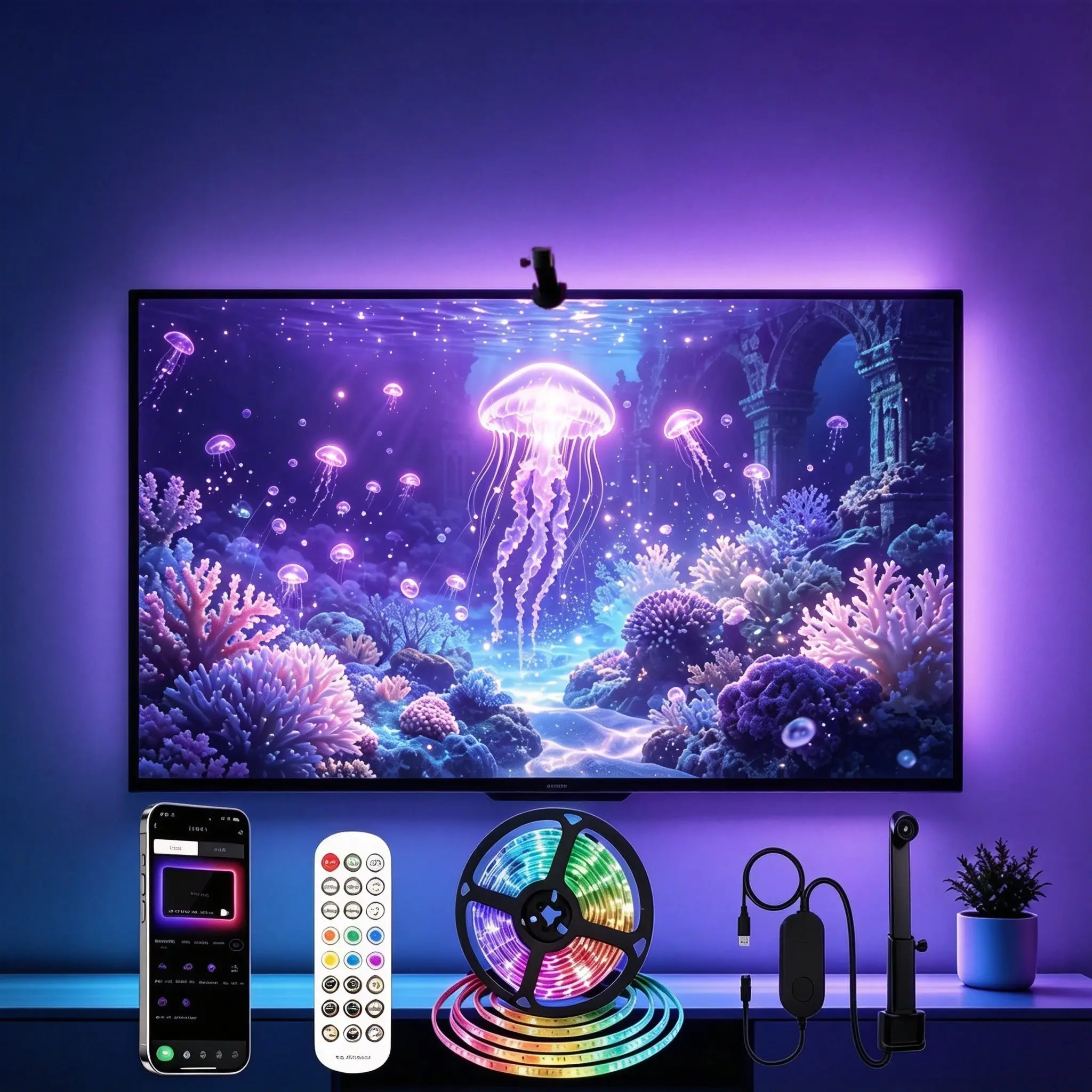 16.4ft Game Light Strip, USB LED TV Backlight for 55-65 Inch Tvs,Includes Remote Control，Color Sync, Ar Sensor, Bluetooth-compatible Control, Music Sync, Holiday Gift
