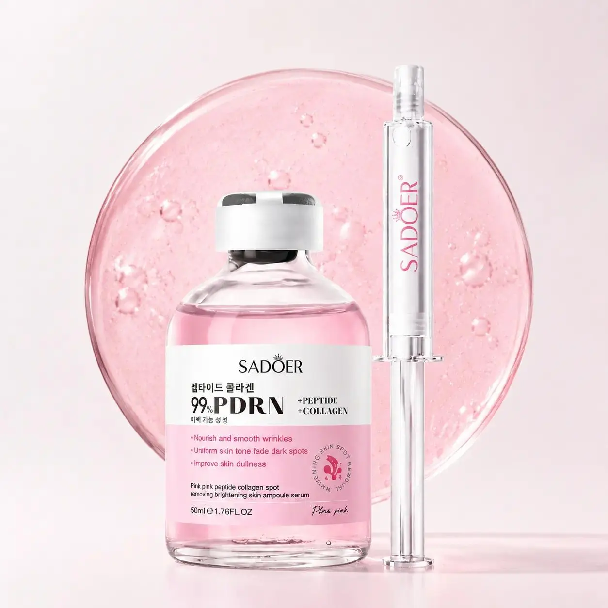 SADOER Pink PDRN Salmon Collagen Essence Ampoule, Collagen Peptides Serum, Peptide Serum For Face, containing peptides and niacinamide, for brightening, moisturizing, smoothing, reducing fine lines, firming. Korean skincare ampoule essence, 1.76 fl. oz.