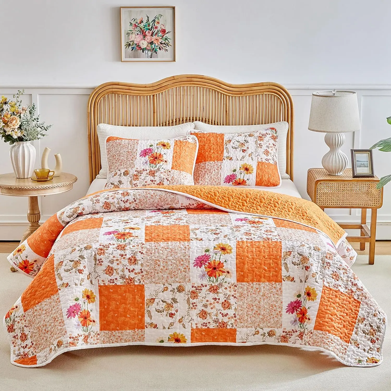 3 Pieces Floral Patchwork Set Queen, Orange n White Flowers, Soft Microfiber, Bedspread Bed Cover for All Season- 90x90 inches
